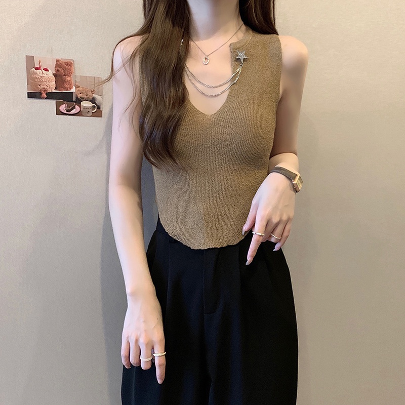 Jiashucheng Áo Dệt Kim Sát Nách Cổ Chữ V Dáng Ôm Màu Đen Thời Trang Mùa Hè Phong Cách Hàn Quốc Cho Nữ