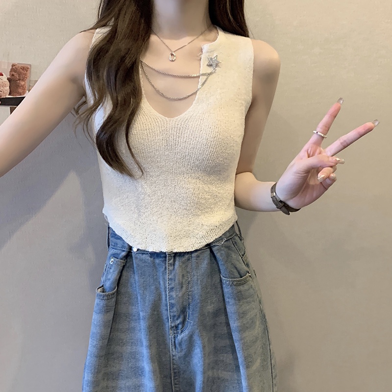 Jiashucheng Áo Dệt Kim Sát Nách Cổ Chữ V Dáng Ôm Màu Đen Thời Trang Mùa Hè Phong Cách Hàn Quốc Cho Nữ