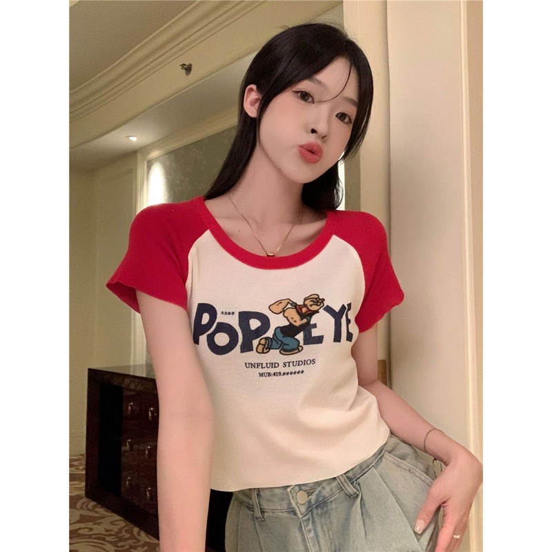 Jiashucheng Áo Thun Tay Ngắn Hở Vai Dáng Ôm Eo Cao Phong Cách Retro Mỹ Ngọt Ngào Thời Trang Mùa Hè Dành Cho Nữ