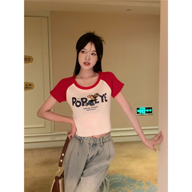 Jiashucheng Áo Thun Tay Ngắn Hở Vai Dáng Ôm Eo Cao Phong Cách Retro Mỹ Ngọt Ngào Thời Trang Mùa Hè Dành Cho Nữ