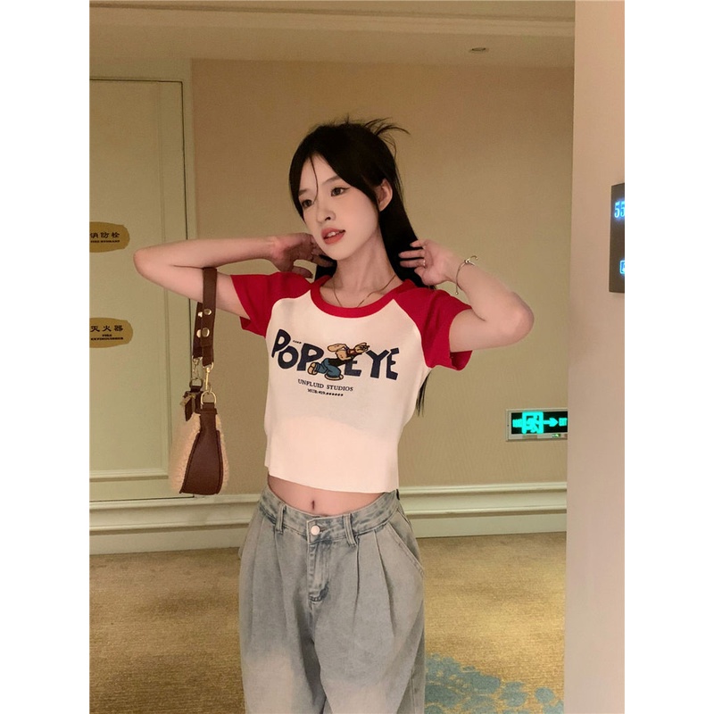 Jiashucheng Áo Thun Tay Ngắn Hở Vai Dáng Ôm Eo Cao Phong Cách Retro Mỹ Ngọt Ngào Thời Trang Mùa Hè Dành Cho Nữ