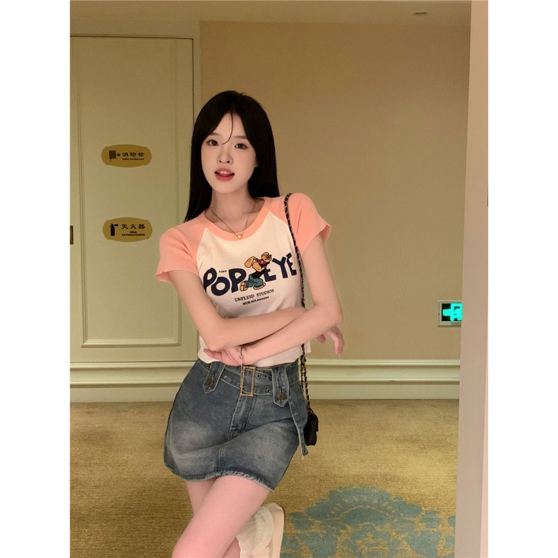 Jiashucheng Áo Thun Tay Ngắn Hở Vai Dáng Ôm Eo Cao Phong Cách Retro Mỹ Ngọt Ngào Thời Trang Mùa Hè Dành Cho Nữ