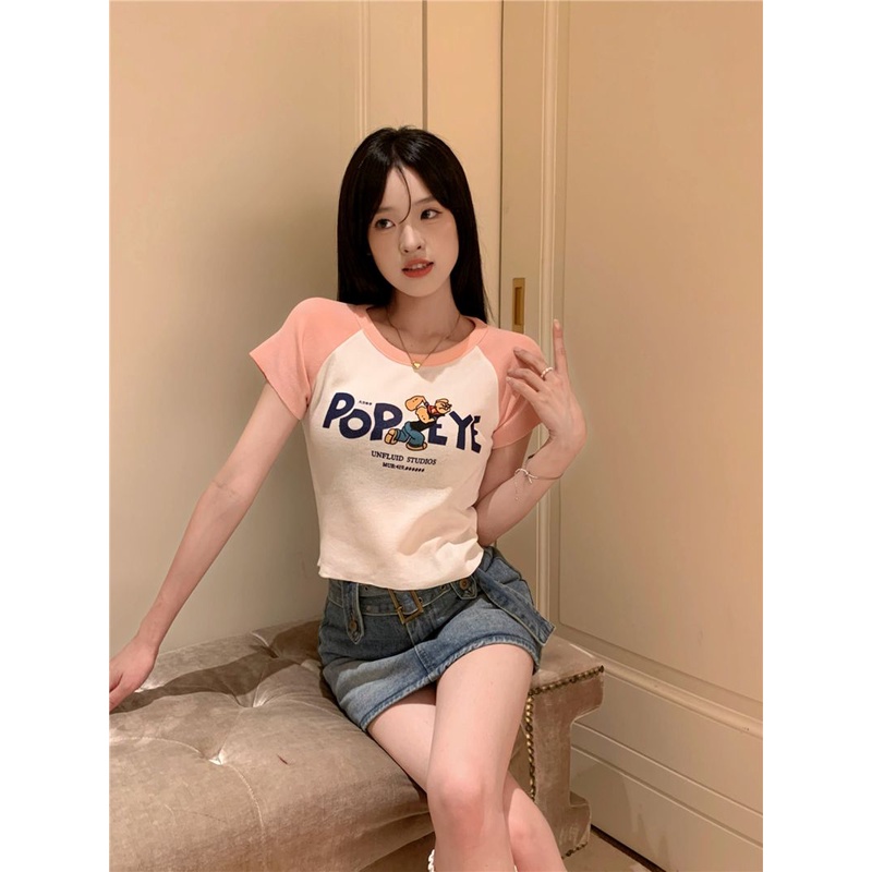 Jiashucheng Áo Thun Tay Ngắn Hở Vai Dáng Ôm Eo Cao Phong Cách Retro Mỹ Ngọt Ngào Thời Trang Mùa Hè Dành Cho Nữ