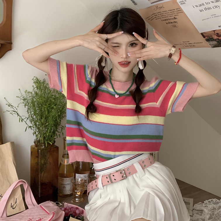 Jiashucheng Dopamine Áo Thun Dệt Kim Cổ Tròn Họa Tiết Kẻ Sọc Nhiều Màu Sắc Phong Cách Hàn Quốc Dễ Phối Đồ Thời Trang Mùa Hè Dành Cho