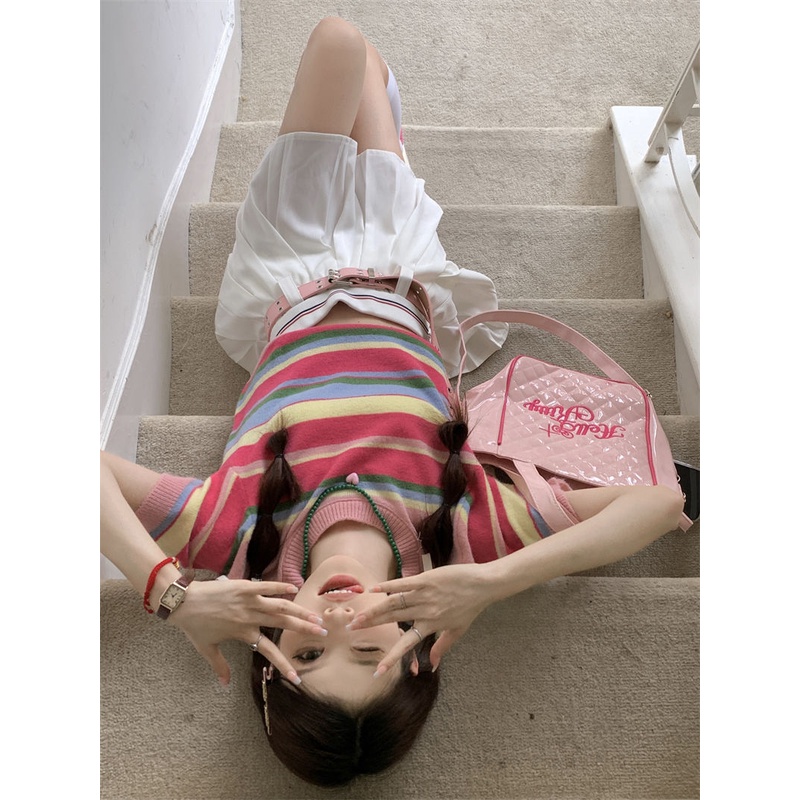 Jiashucheng Dopamine Áo Thun Dệt Kim Cổ Tròn Họa Tiết Kẻ Sọc Nhiều Màu Sắc Phong Cách Hàn Quốc Dễ Phối Đồ Thời Trang Mùa Hè Dành Cho