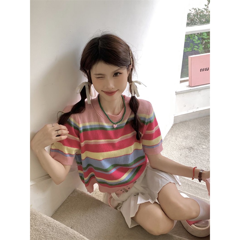 Jiashucheng Dopamine Áo Thun Dệt Kim Cổ Tròn Họa Tiết Kẻ Sọc Nhiều Màu Sắc Phong Cách Hàn Quốc Dễ Phối Đồ Thời Trang Mùa Hè Dành Cho