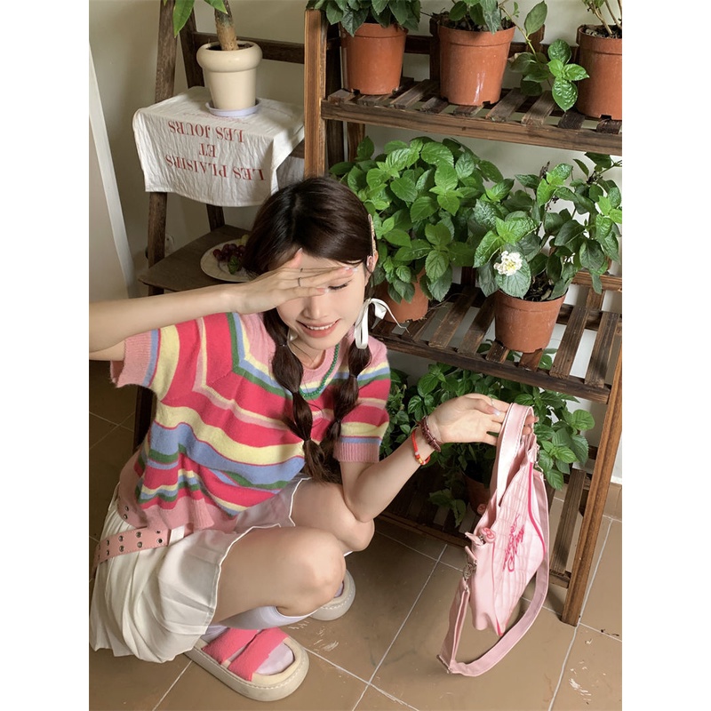 Jiashucheng Dopamine Áo Thun Dệt Kim Cổ Tròn Họa Tiết Kẻ Sọc Nhiều Màu Sắc Phong Cách Hàn Quốc Dễ Phối Đồ Thời Trang Mùa Hè Dành Cho