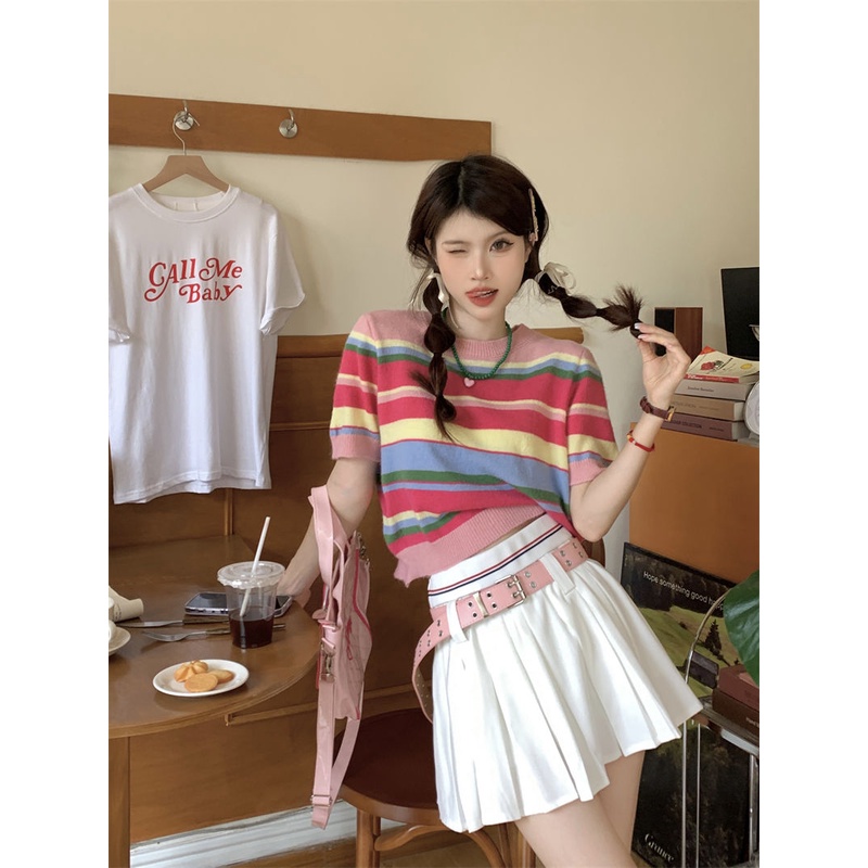 Jiashucheng Dopamine Áo Thun Dệt Kim Cổ Tròn Họa Tiết Kẻ Sọc Nhiều Màu Sắc Phong Cách Hàn Quốc Dễ Phối Đồ Thời Trang Mùa Hè Dành Cho