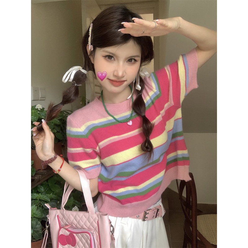 Jiashucheng Dopamine Áo Thun Dệt Kim Cổ Tròn Họa Tiết Kẻ Sọc Nhiều Màu Sắc Phong Cách Hàn Quốc Dễ Phối Đồ Thời Trang Mùa Hè Dành Cho