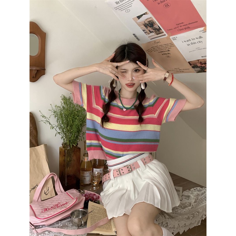 Jiashucheng Dopamine Áo Thun Dệt Kim Cổ Tròn Họa Tiết Kẻ Sọc Nhiều Màu Sắc Phong Cách Hàn Quốc Dễ Phối Đồ Thời Trang Mùa Hè Dành Cho