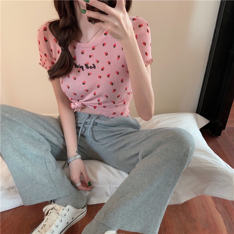 Jiashucheng Áo Thun Dệt Kim Tay Ngắn Dáng Ôm Thêu Họa Tiết Dâu Tây / Chữ Phong Cách Hàn Quốc Thời Trang Mùa Hè Cho Nữ