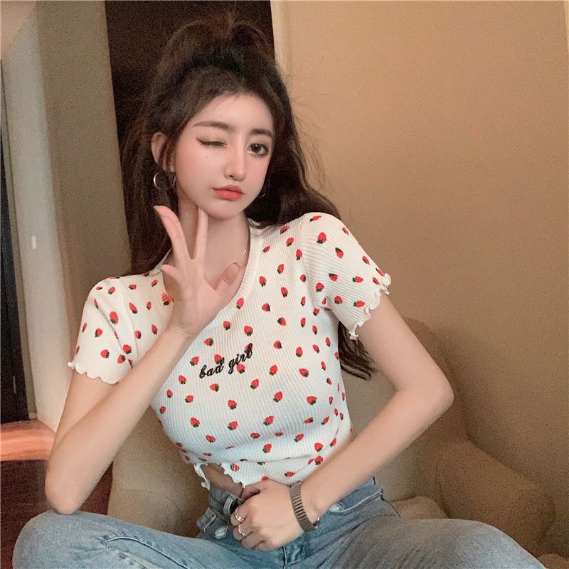 Jiashucheng Áo Thun Dệt Kim Tay Ngắn Dáng Ôm Thêu Họa Tiết Dâu Tây / Chữ Phong Cách Hàn Quốc Thời Trang Mùa Hè Cho Nữ