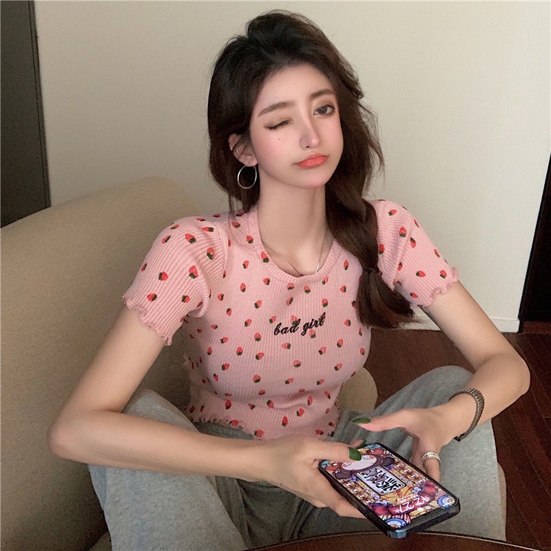 Jiashucheng Áo Thun Dệt Kim Tay Ngắn Dáng Ôm Thêu Họa Tiết Dâu Tây / Chữ Phong Cách Hàn Quốc Thời Trang Mùa Hè Cho Nữ