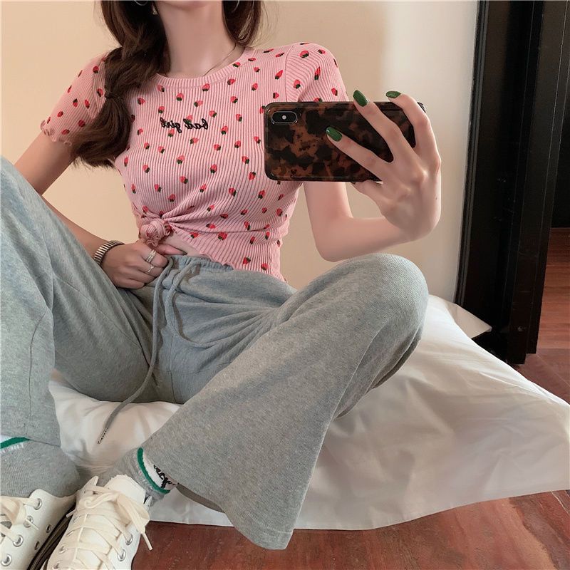 Jiashucheng Áo Thun Dệt Kim Tay Ngắn Dáng Ôm Thêu Họa Tiết Dâu Tây / Chữ Phong Cách Hàn Quốc Thời Trang Mùa Hè Cho Nữ