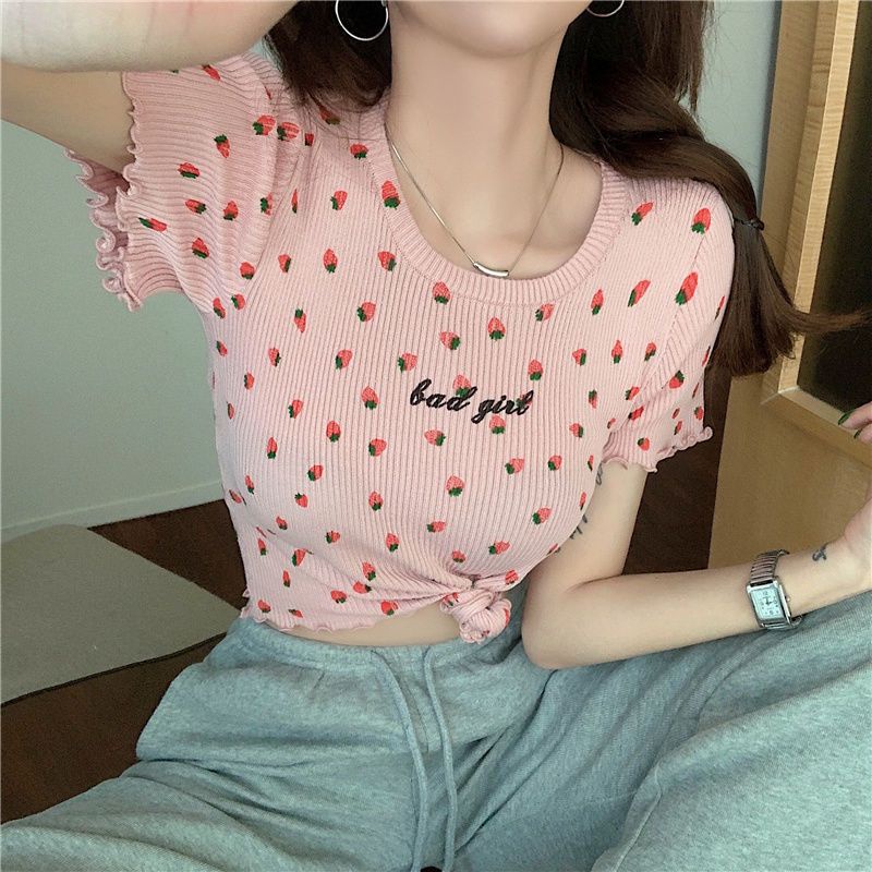 Jiashucheng Áo Thun Dệt Kim Tay Ngắn Dáng Ôm Thêu Họa Tiết Dâu Tây / Chữ Phong Cách Hàn Quốc Thời Trang Mùa Hè Cho Nữ