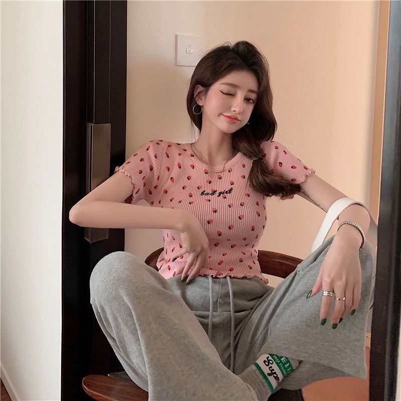 Jiashucheng Áo Thun Dệt Kim Tay Ngắn Dáng Ôm Thêu Họa Tiết Dâu Tây / Chữ Phong Cách Hàn Quốc Thời Trang Mùa Hè Cho Nữ