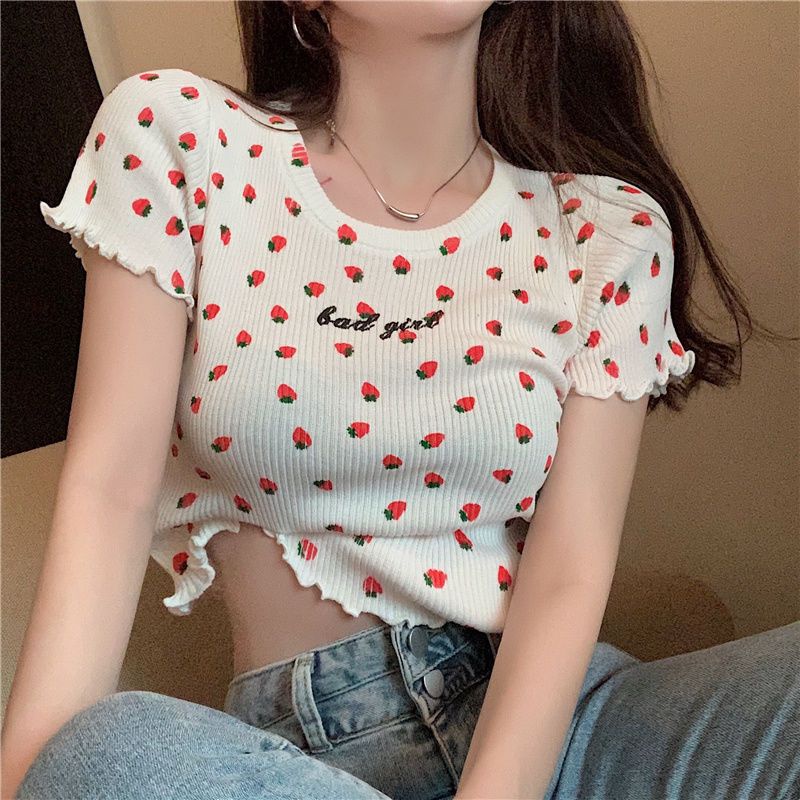 Jiashucheng Áo Thun Dệt Kim Tay Ngắn Dáng Ôm Thêu Họa Tiết Dâu Tây / Chữ Phong Cách Hàn Quốc Thời Trang Mùa Hè Cho Nữ