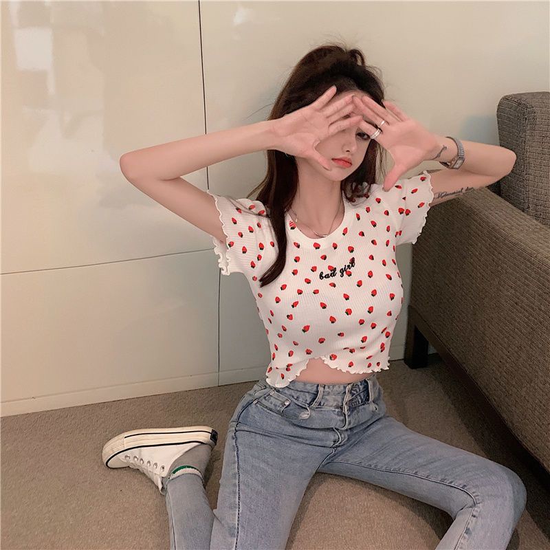 Jiashucheng Áo Thun Dệt Kim Tay Ngắn Dáng Ôm Thêu Họa Tiết Dâu Tây / Chữ Phong Cách Hàn Quốc Thời Trang Mùa Hè Cho Nữ