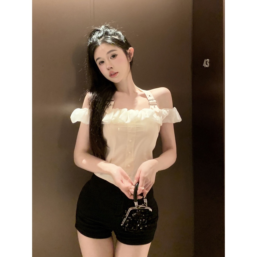 Jiashucheng Áo Kiểu Trễ Vai Phối Bèo Thiết Kế Độc Đáo Thời Trang Mùa Hè Xinh Xắn Cho Nữ