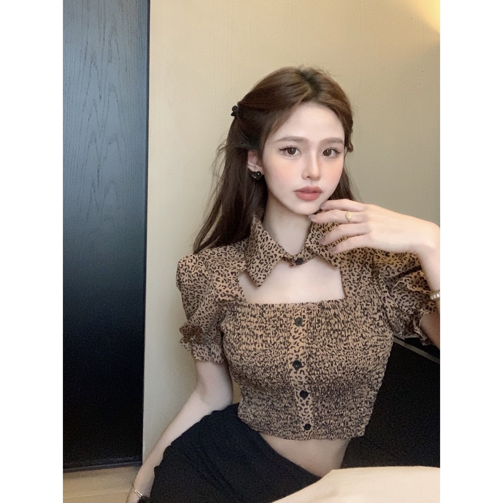 Jiashucheng Áo Sơ Mi Tay Ngắn Phồng Cổ Bẻ In Họa Tiết Da Báo Thời Trang Mùa Hè Mới Cho Nữ