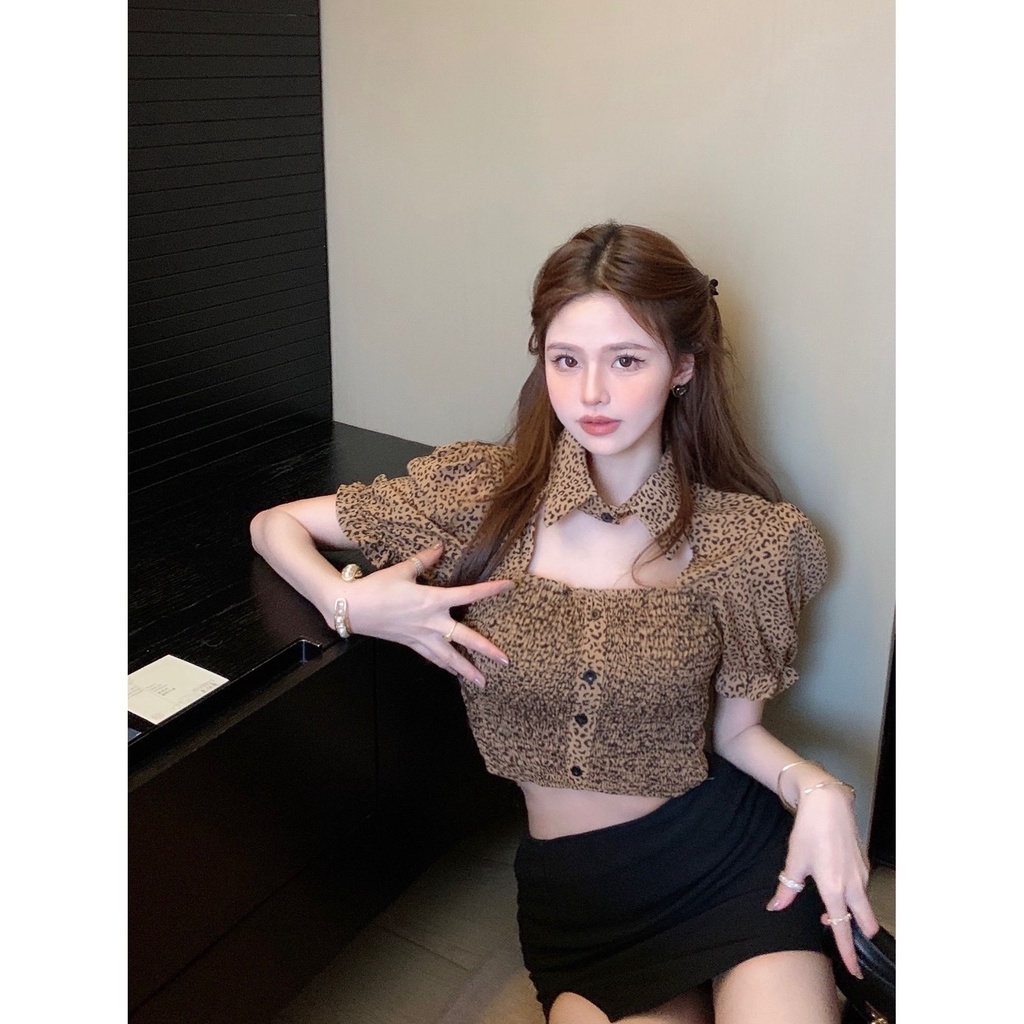 Jiashucheng Áo Sơ Mi Tay Ngắn Phồng Cổ Bẻ In Họa Tiết Da Báo Thời Trang Mùa Hè Mới Cho Nữ