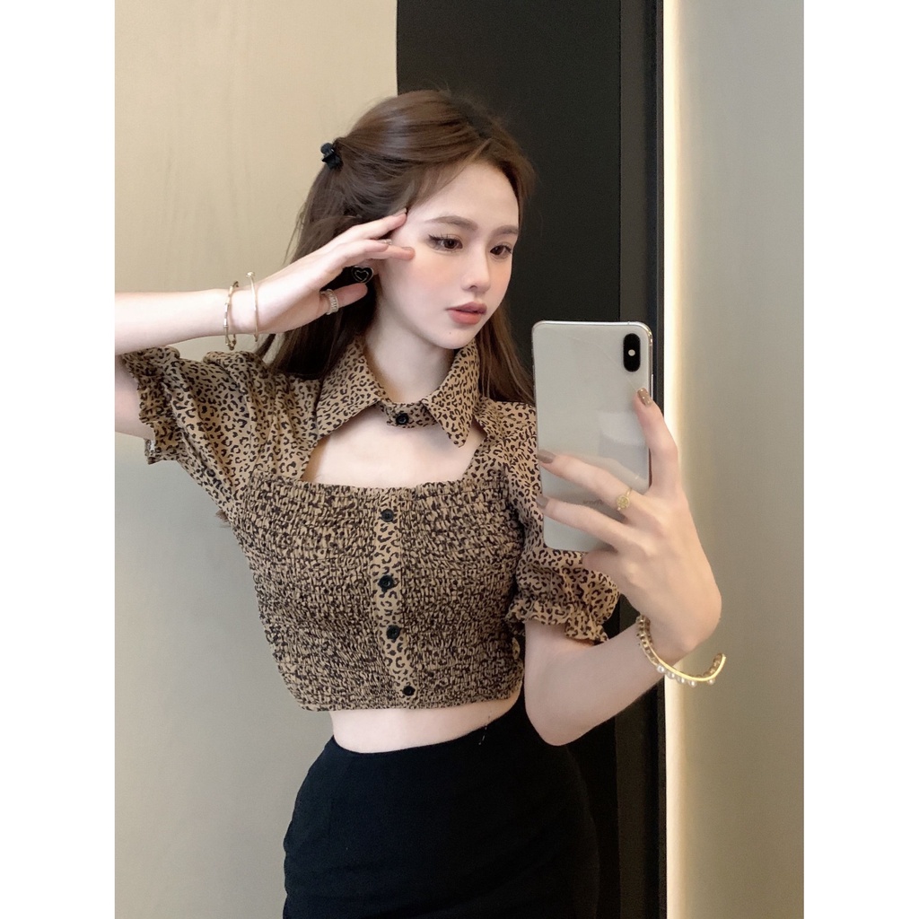 Jiashucheng Áo Sơ Mi Tay Ngắn Phồng Cổ Bẻ In Họa Tiết Da Báo Thời Trang Mùa Hè Mới Cho Nữ