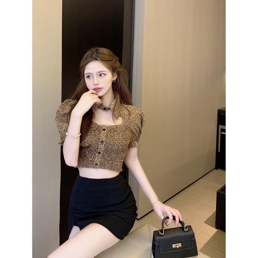 Jiashucheng Áo Sơ Mi Tay Ngắn Phồng Cổ Bẻ In Họa Tiết Da Báo Thời Trang Mùa Hè Mới Cho Nữ