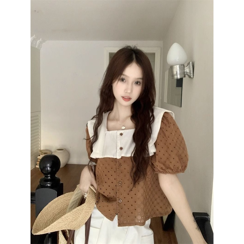 Jiashucheng Áo Ngắn Tay Cổ Vuông Phối Ren Dáng Rộng Phong Cách Hàn Quốc Thời Trang Mùa Hè Mới