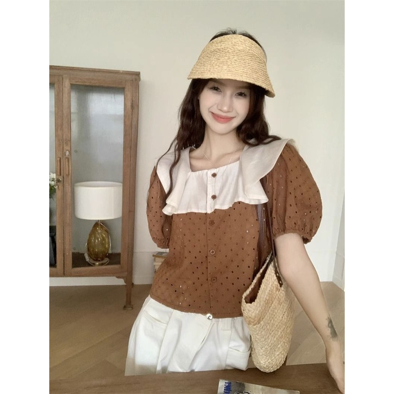 Jiashucheng Áo Ngắn Tay Cổ Vuông Phối Ren Dáng Rộng Phong Cách Hàn Quốc Thời Trang Mùa Hè Mới