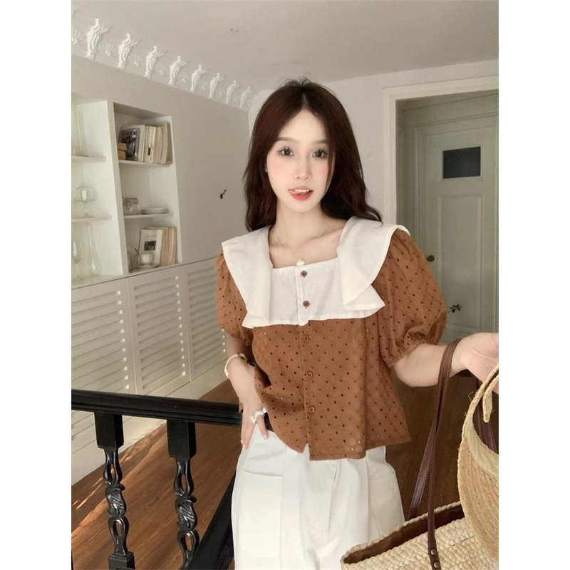 Jiashucheng Áo Ngắn Tay Cổ Vuông Phối Ren Dáng Rộng Phong Cách Hàn Quốc Thời Trang Mùa Hè Mới