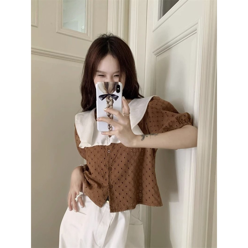 Jiashucheng Áo Ngắn Tay Cổ Vuông Phối Ren Dáng Rộng Phong Cách Hàn Quốc Thời Trang Mùa Hè Mới