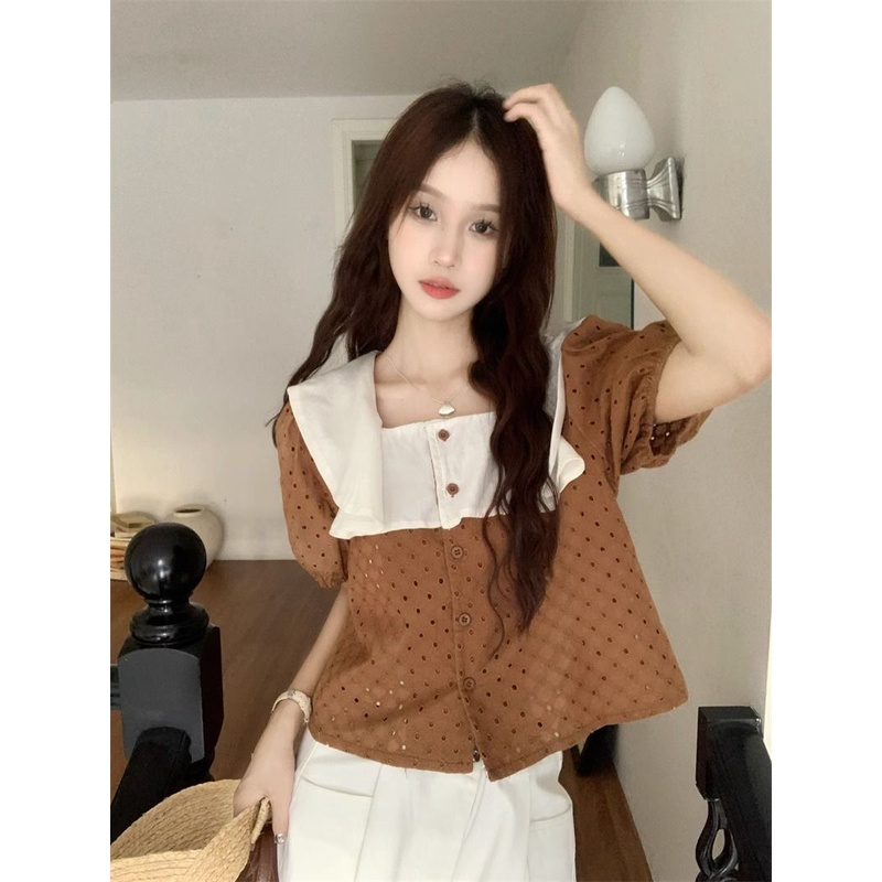 Jiashucheng Áo Ngắn Tay Cổ Vuông Phối Ren Dáng Rộng Phong Cách Hàn Quốc Thời Trang Mùa Hè Mới