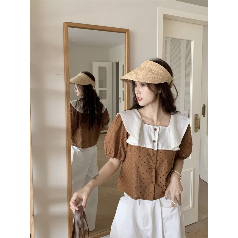 Jiashucheng Áo Ngắn Tay Cổ Vuông Phối Ren Dáng Rộng Phong Cách Hàn Quốc Thời Trang Mùa Hè Mới