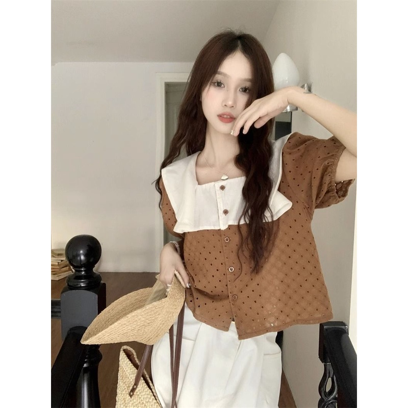 Jiashucheng Áo Ngắn Tay Cổ Vuông Phối Ren Dáng Rộng Phong Cách Hàn Quốc Thời Trang Mùa Hè Mới