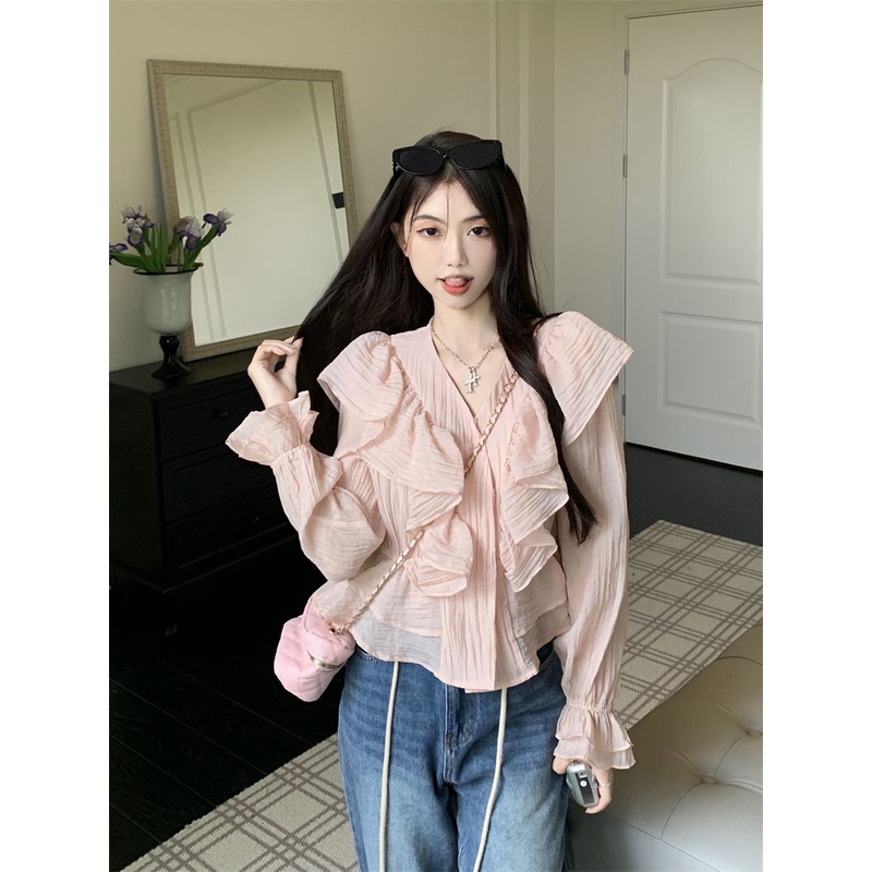 Jiashucheng Áo Sơ Mi Chiffon Dài Tay Cổ Chữ V Phối Bèo Phong Cách Pháp Ngọt Ngào Thời Trang Mùa Hè Cho Nữ