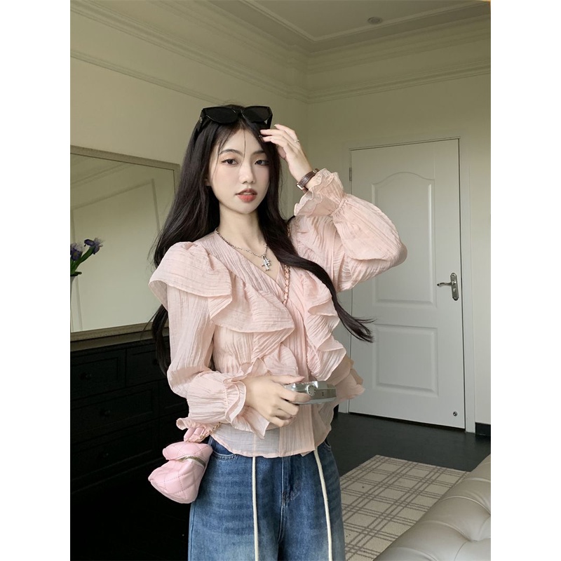 Jiashucheng Áo Sơ Mi Chiffon Dài Tay Cổ Chữ V Phối Bèo Phong Cách Pháp Ngọt Ngào Thời Trang Mùa Hè Cho Nữ