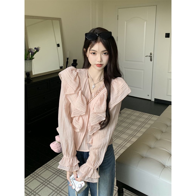 Jiashucheng Áo Sơ Mi Chiffon Dài Tay Cổ Chữ V Phối Bèo Phong Cách Pháp Ngọt Ngào Thời Trang Mùa Hè Cho Nữ