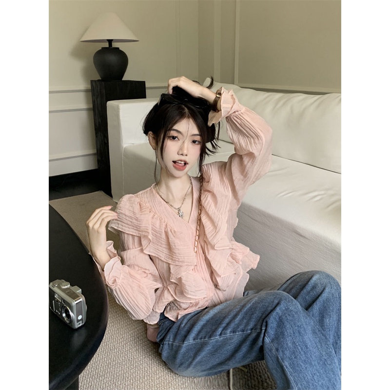 Jiashucheng Áo Sơ Mi Chiffon Dài Tay Cổ Chữ V Phối Bèo Phong Cách Pháp Ngọt Ngào Thời Trang Mùa Hè Cho Nữ