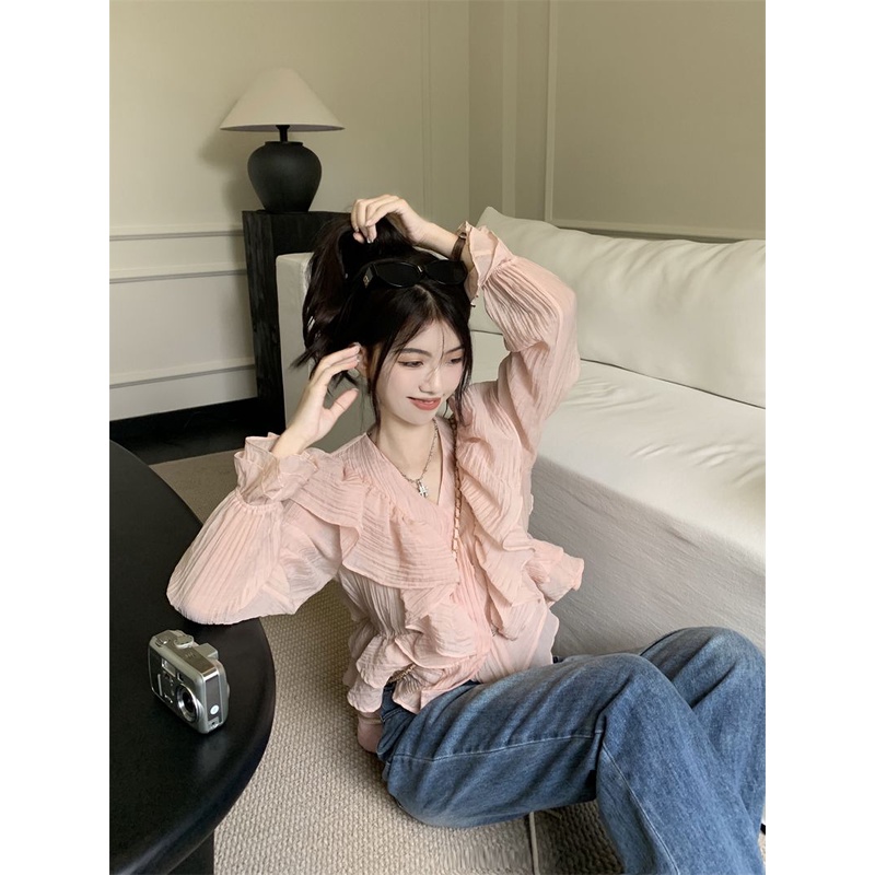 Jiashucheng Áo Sơ Mi Chiffon Dài Tay Cổ Chữ V Phối Bèo Phong Cách Pháp Ngọt Ngào Thời Trang Mùa Hè Cho Nữ