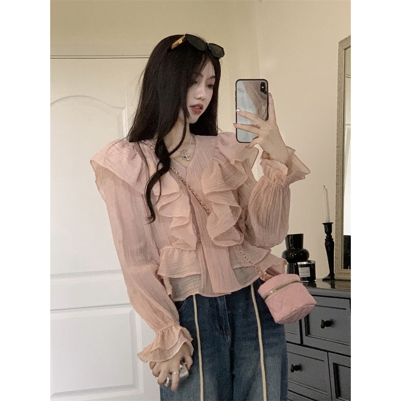 Jiashucheng Áo Sơ Mi Chiffon Dài Tay Cổ Chữ V Phối Bèo Phong Cách Pháp Ngọt Ngào Thời Trang Mùa Hè Cho Nữ