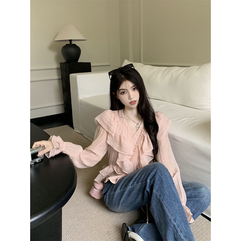 Jiashucheng Áo Sơ Mi Chiffon Dài Tay Cổ Chữ V Phối Bèo Phong Cách Pháp Ngọt Ngào Thời Trang Mùa Hè Cho Nữ