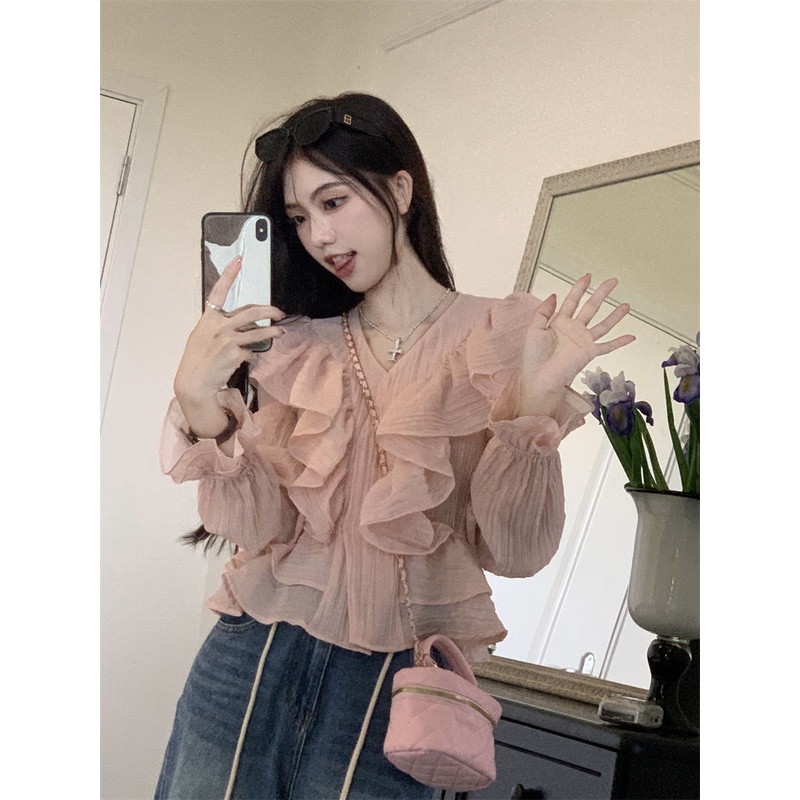 Jiashucheng Áo Sơ Mi Chiffon Dài Tay Cổ Chữ V Phối Bèo Phong Cách Pháp Ngọt Ngào Thời Trang Mùa Hè Cho Nữ