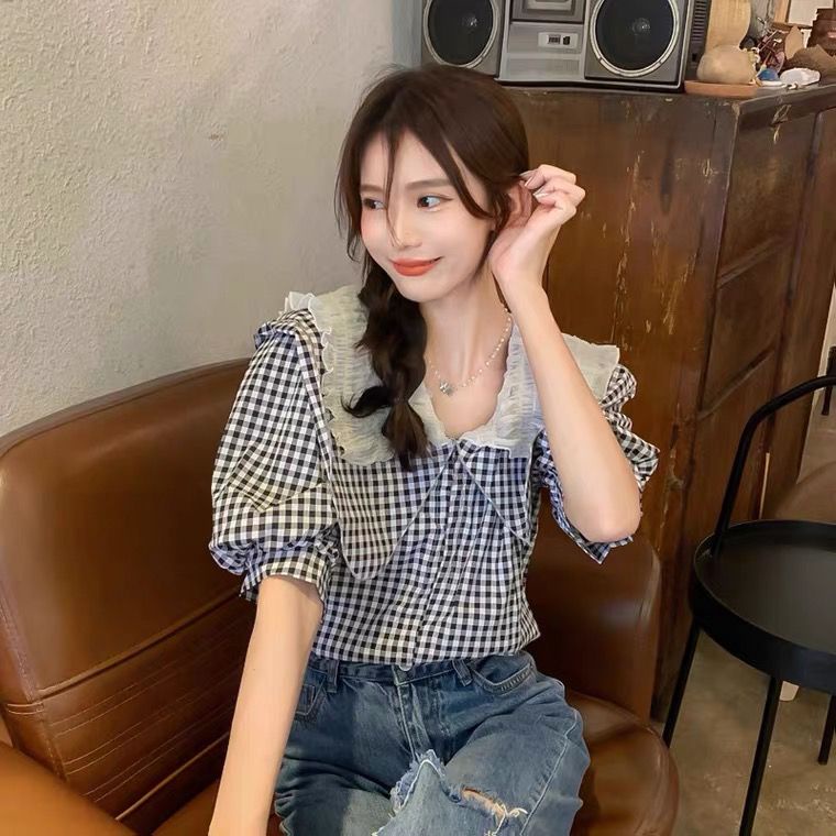 Jiashucheng Áo Thun Cổ Búp Bê Họa Tiết Kẻ Sọc Phong Cách vintage Tinh Tế Cao Cấp Mùa Hè Dành Cho Nữ