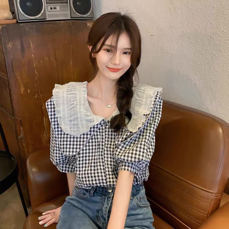 Jiashucheng Áo Thun Cổ Búp Bê Họa Tiết Kẻ Sọc Phong Cách vintage Tinh Tế Cao Cấp Mùa Hè Dành Cho Nữ