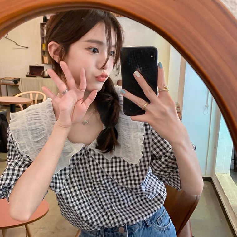 Jiashucheng Áo Thun Cổ Búp Bê Họa Tiết Kẻ Sọc Phong Cách vintage Tinh Tế Cao Cấp Mùa Hè Dành Cho Nữ