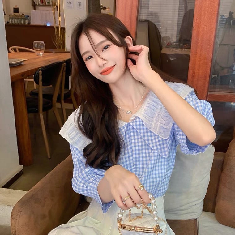 Jiashucheng Áo Thun Cổ Búp Bê Họa Tiết Kẻ Sọc Phong Cách vintage Tinh Tế Cao Cấp Mùa Hè Dành Cho Nữ