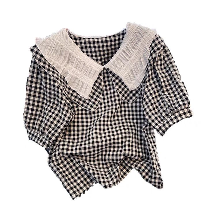 Jiashucheng Áo Thun Cổ Búp Bê Họa Tiết Kẻ Sọc Phong Cách vintage Tinh Tế Cao Cấp Mùa Hè Dành Cho Nữ