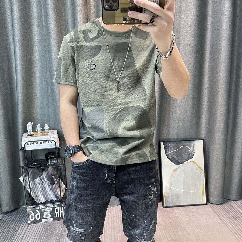 Hàng Có Sẵn! Hàng Có Sẵn!Áo Thun Cotton Lanh Mùa Hè Tay Lửng In Họa Tiết Mới Cho Nam