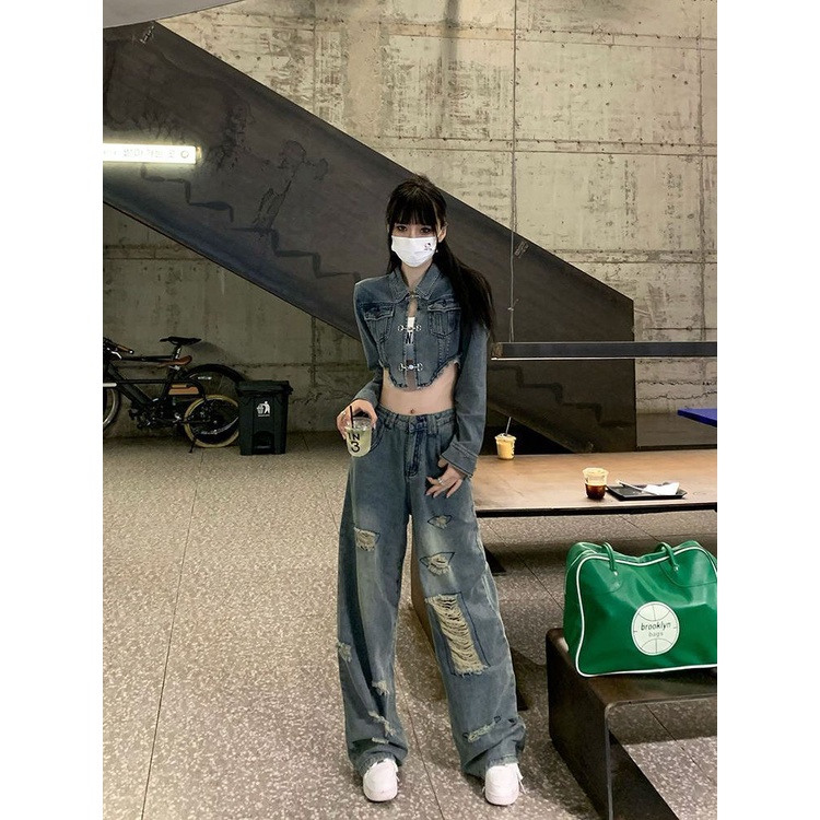 Jiashucheng Quần Jean Dài Eo Cao Ống Rộng Rách Lỗ Phong Cách Mới Mùa Hè Thu Và Mùa Hè Dành Cho Bạn Nữ