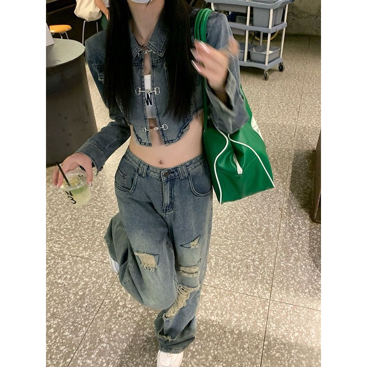 Jiashucheng Quần Jean Dài Eo Cao Ống Rộng Rách Lỗ Phong Cách Mới Mùa Hè Thu Và Mùa Hè Dành Cho Bạn Nữ